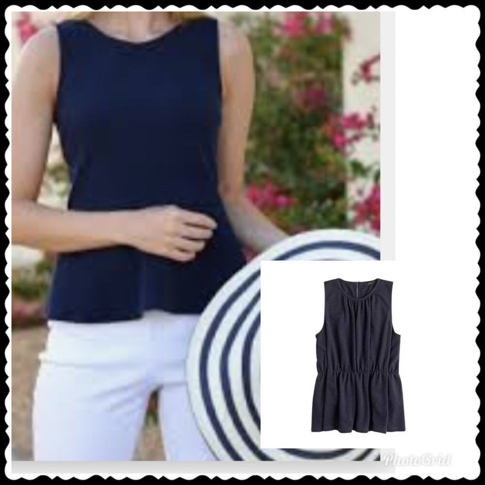 J Crew Raised Dot Peplum Navy Sleeveless Top Blouse XS